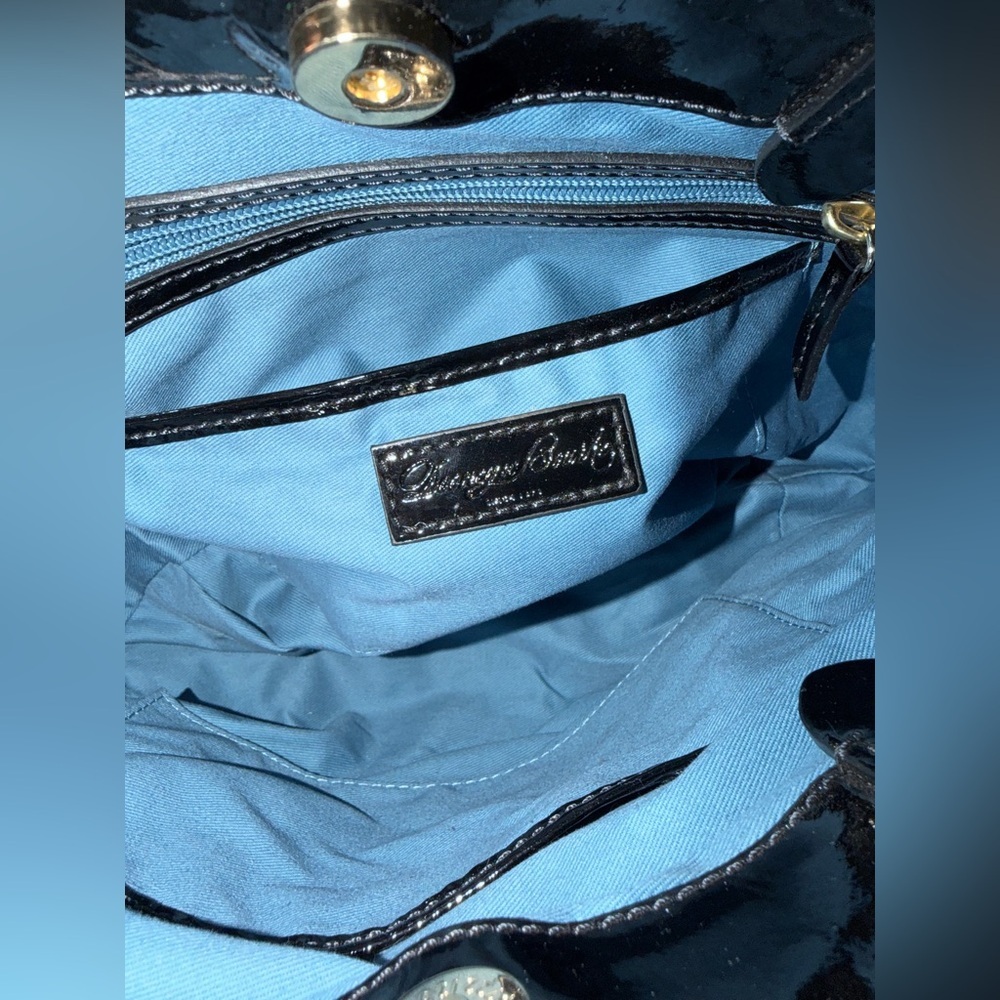 Dooney & Bourke Black Patent Leather Shoulder/Crossbody Satchel with Blue Lining - Picture 14 of 16